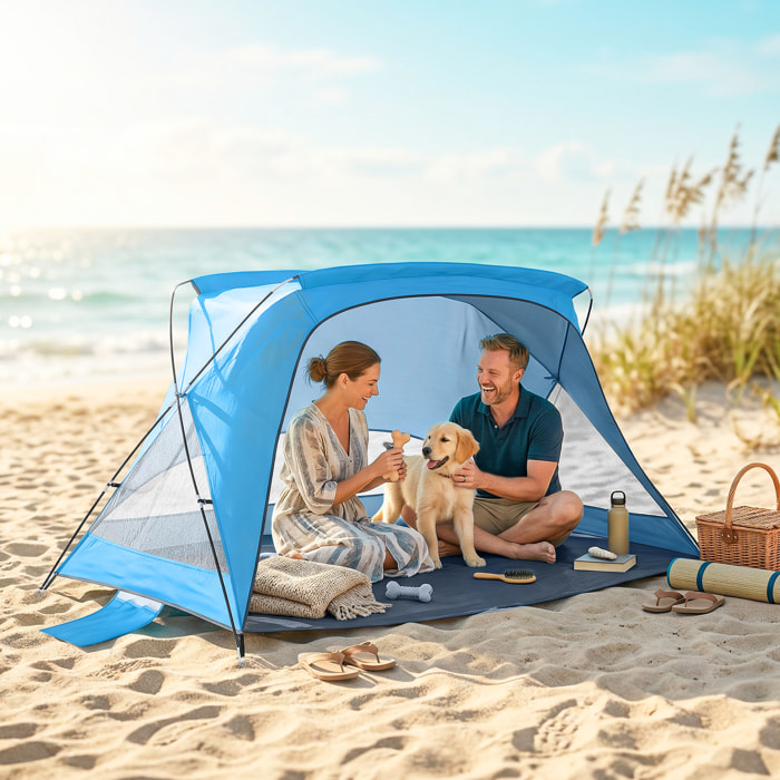 Tienda de Playa, Carpa de Playa Plegable para 2-3 Personas con Sacos de Arena, Puerta, Ventanas, UPF30+, Bolsa de Transporte y Bolsillo para Parque, Camping, 220x120x120 cm, Azul Cielo