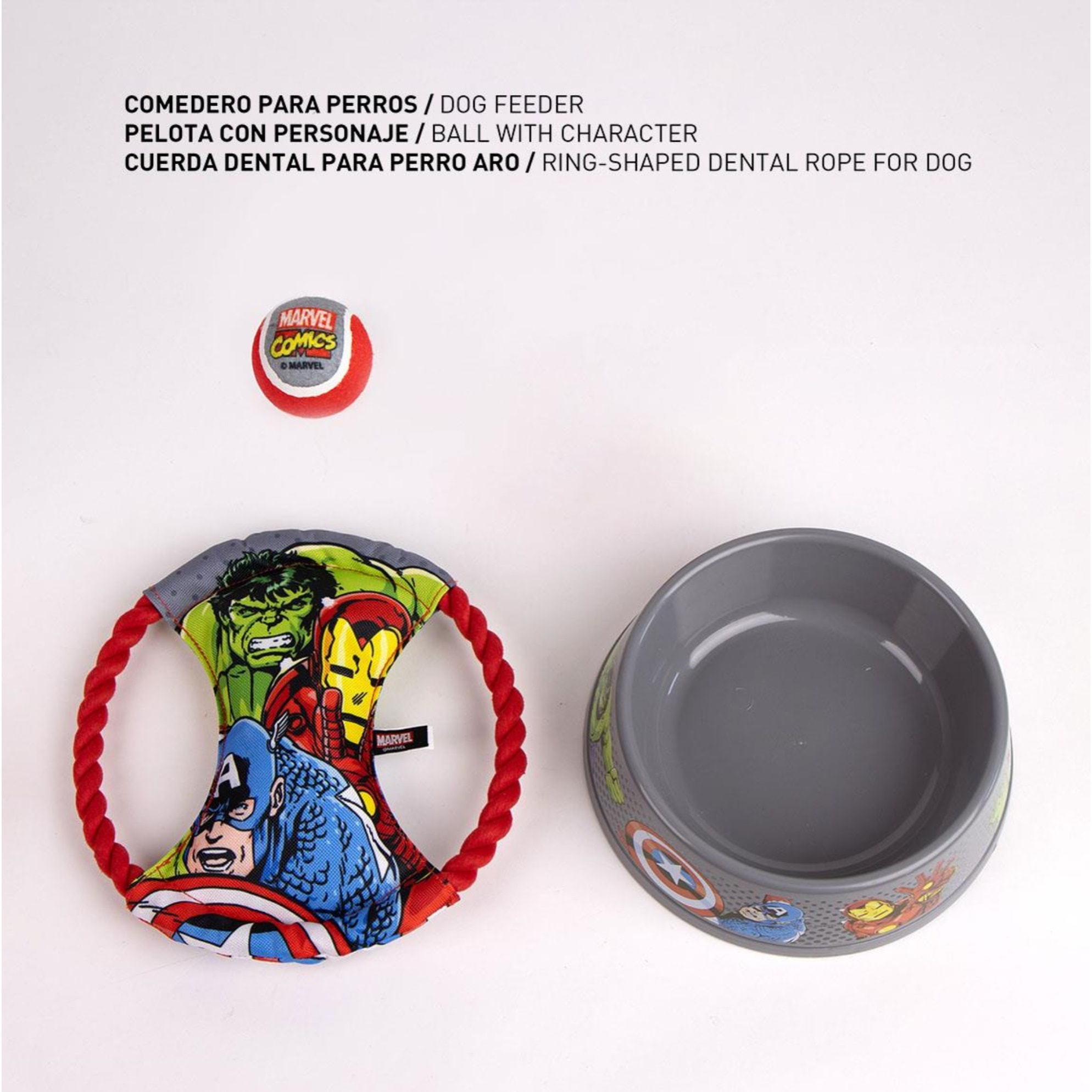 Set para mascota con juguete diseño marvel