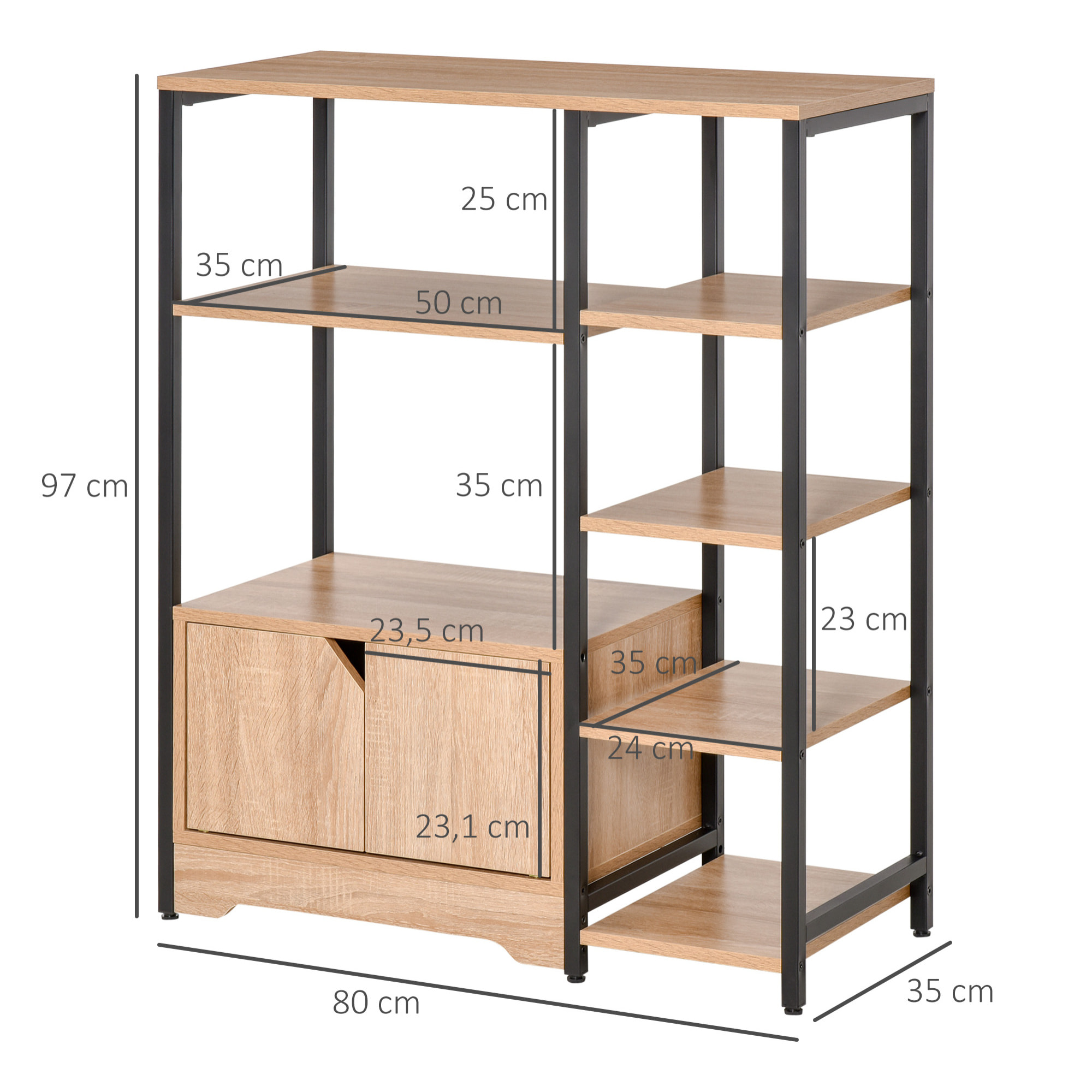 HOMCOM Estantería para Libros con Múltiples Estantes Abiertos y 1 Armario de Doble Puerta Librería de Almacenamiento para Oficina Salón 80x35x97 cm Madera Natural