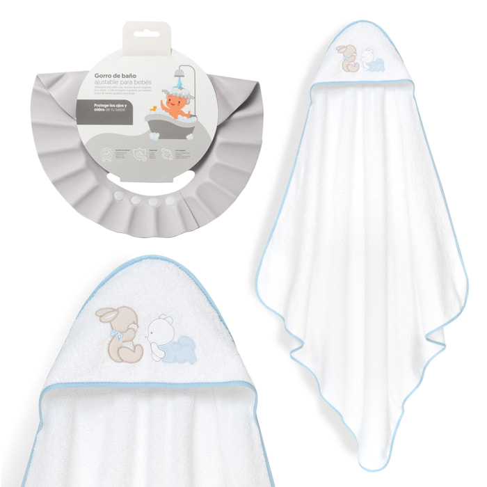 Capa Baño 1X1 Mod Oso Tumbado Conejito+Gorro Bco/Azul