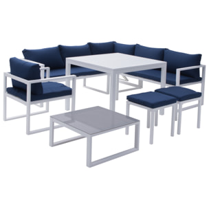 Salon de jardin modulable IBIZA en tissu bleu 7 places - aluminium blanc