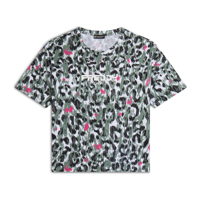 T-shirt donna comfort fit corta maculata con spacchi