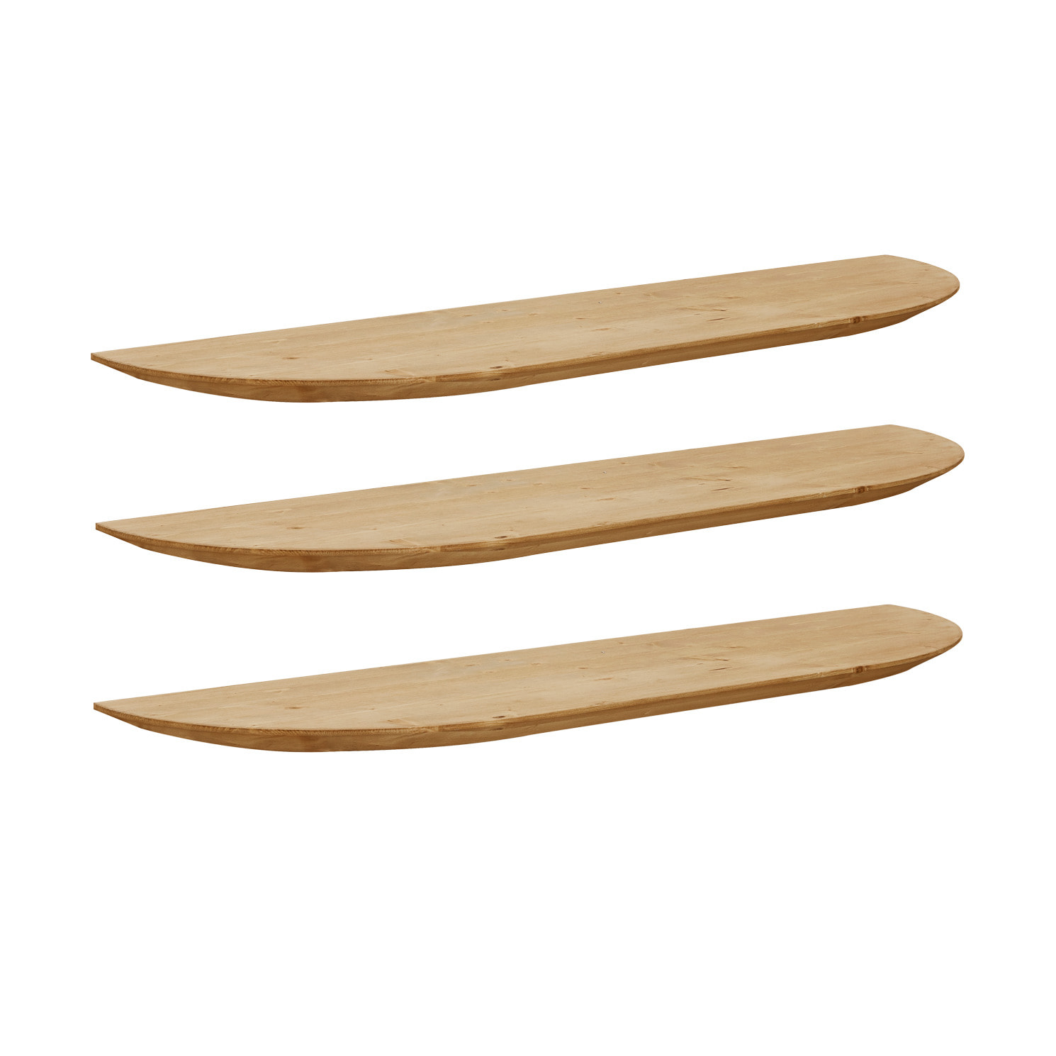 Pack 3 étagères flottantes arrondies en bois massif ton chêne moyen différentes tailles