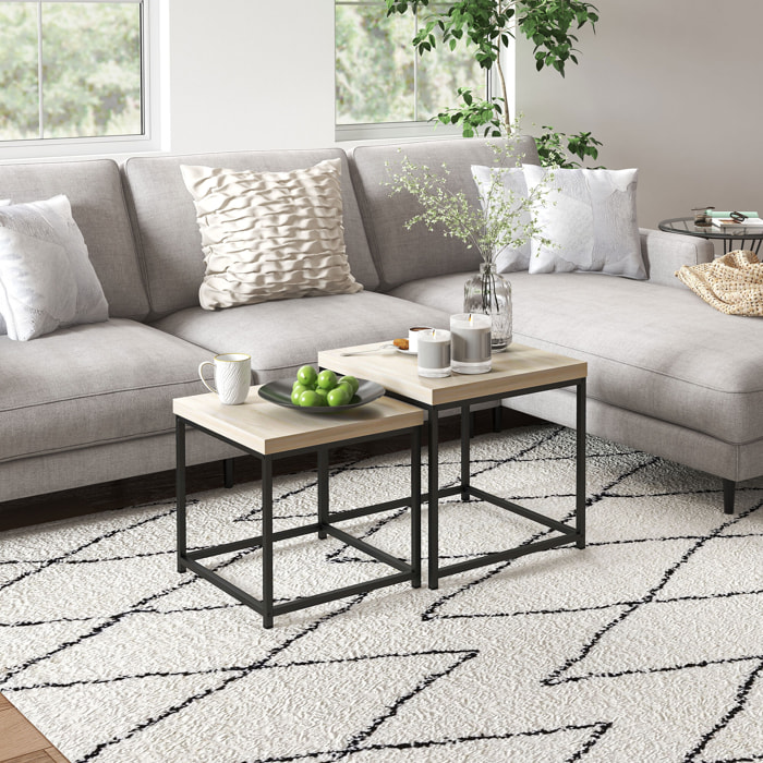 Juego de 2 Mesas de Centro, Mesa Nido Moderna, Mesitas Auxiliares, Patas de Acero, para Salón, Dormitorio, Oficina, Roble