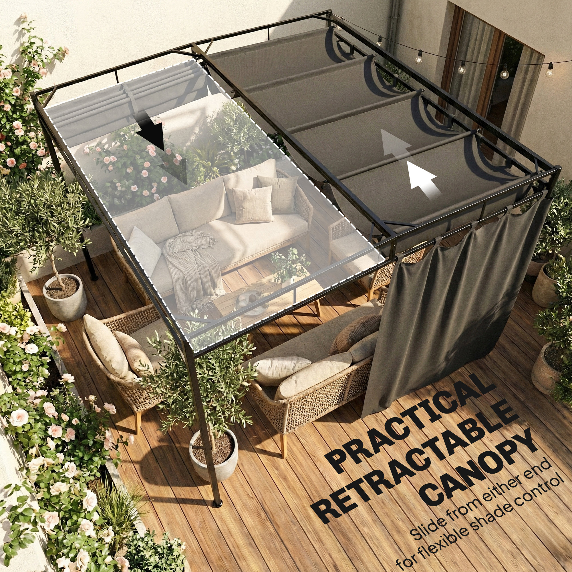 Pergola de jardin toit rétractable rideaux métal gris anthracite