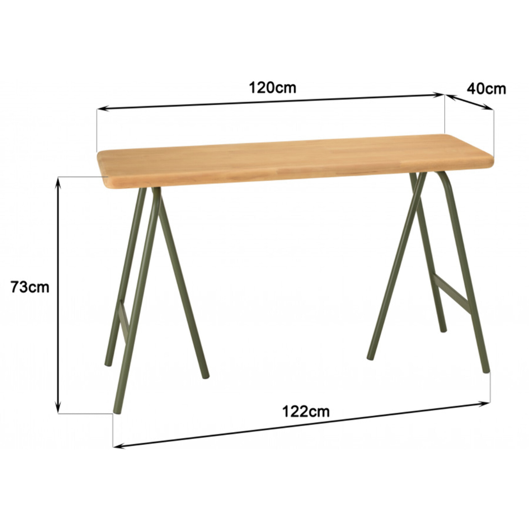 HABY - Console plateau en pin et pieds tréteaux en métal vert