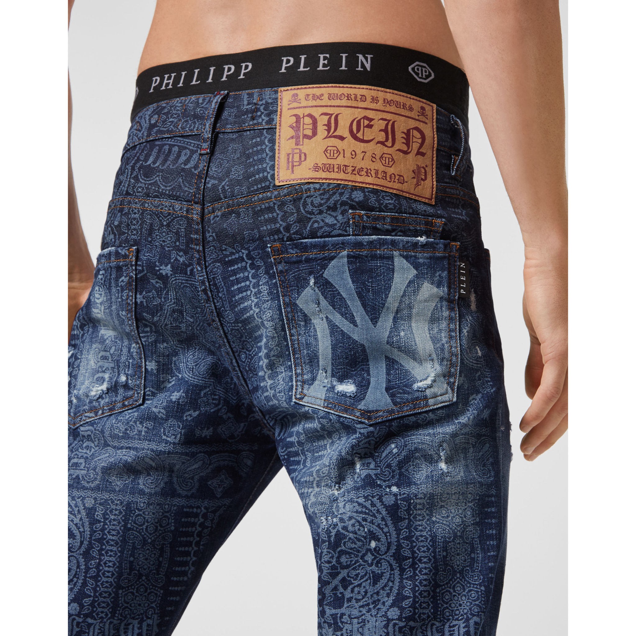 PHILIPP PLEIN Bandana  Denim Trousers Super Straight Cut Paisley