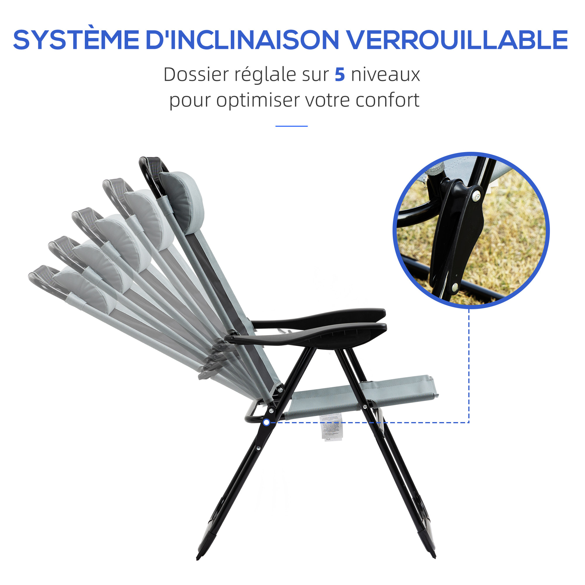 Lot de 2 chaises de jardin camping pliables - dossier inclinable 5 positions - tétière incluse - acier époxy oxford textilène gris