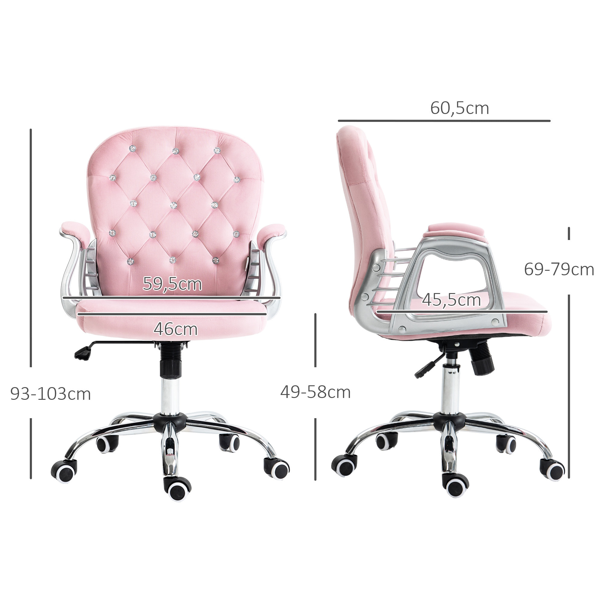 Silla de Escritorio Tapizada en Terciopelo Silla Giratoria con Altura Ajustable Reposabrazos y Decoraciones de Diamantes Carga 120 kg Silla para Estudio Dormitorio 59,5x60,5x93-103 cm Rosa