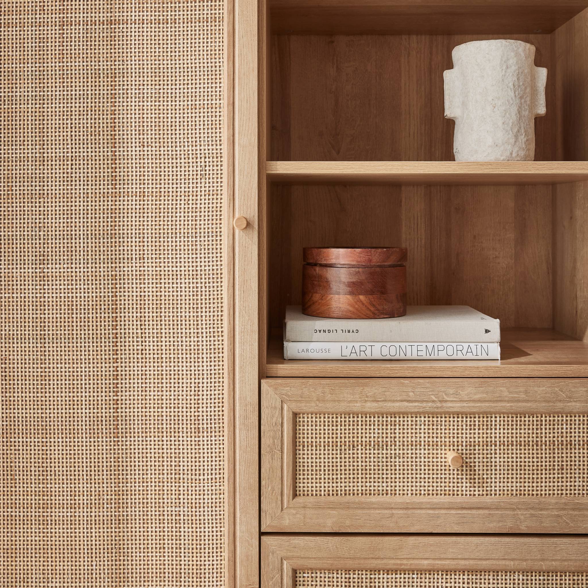 Buffet décor bois et cannage 1 porte 2 tiroirs 101,5cm BOHÈME