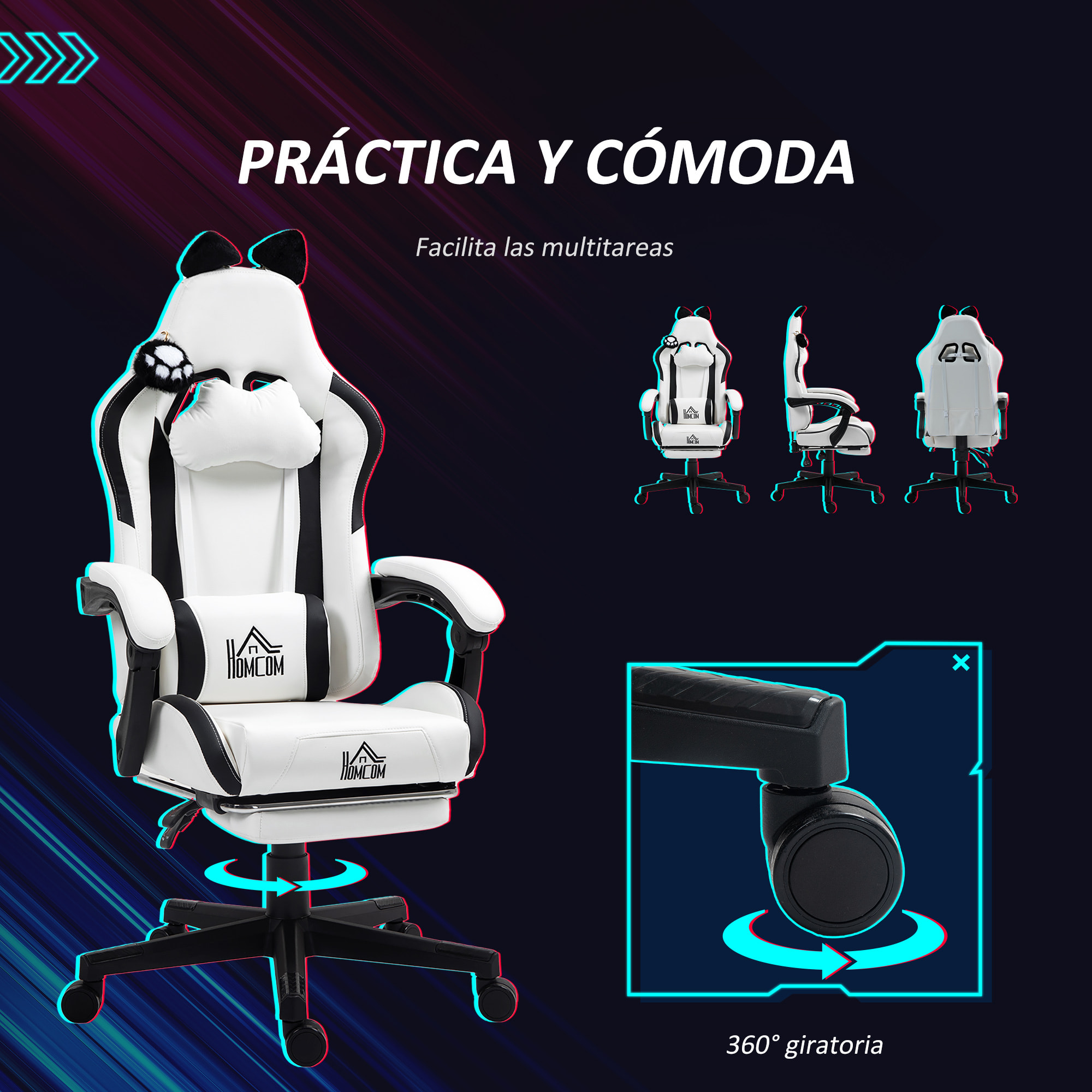 Silla Gaming con Orejas Silla Gamer Reclinable con Altura Ajustable Reposapiés Retráctil Soporte Lumbar y Reposacabezas Desmontable Silla para Oficina Estudio Blanco