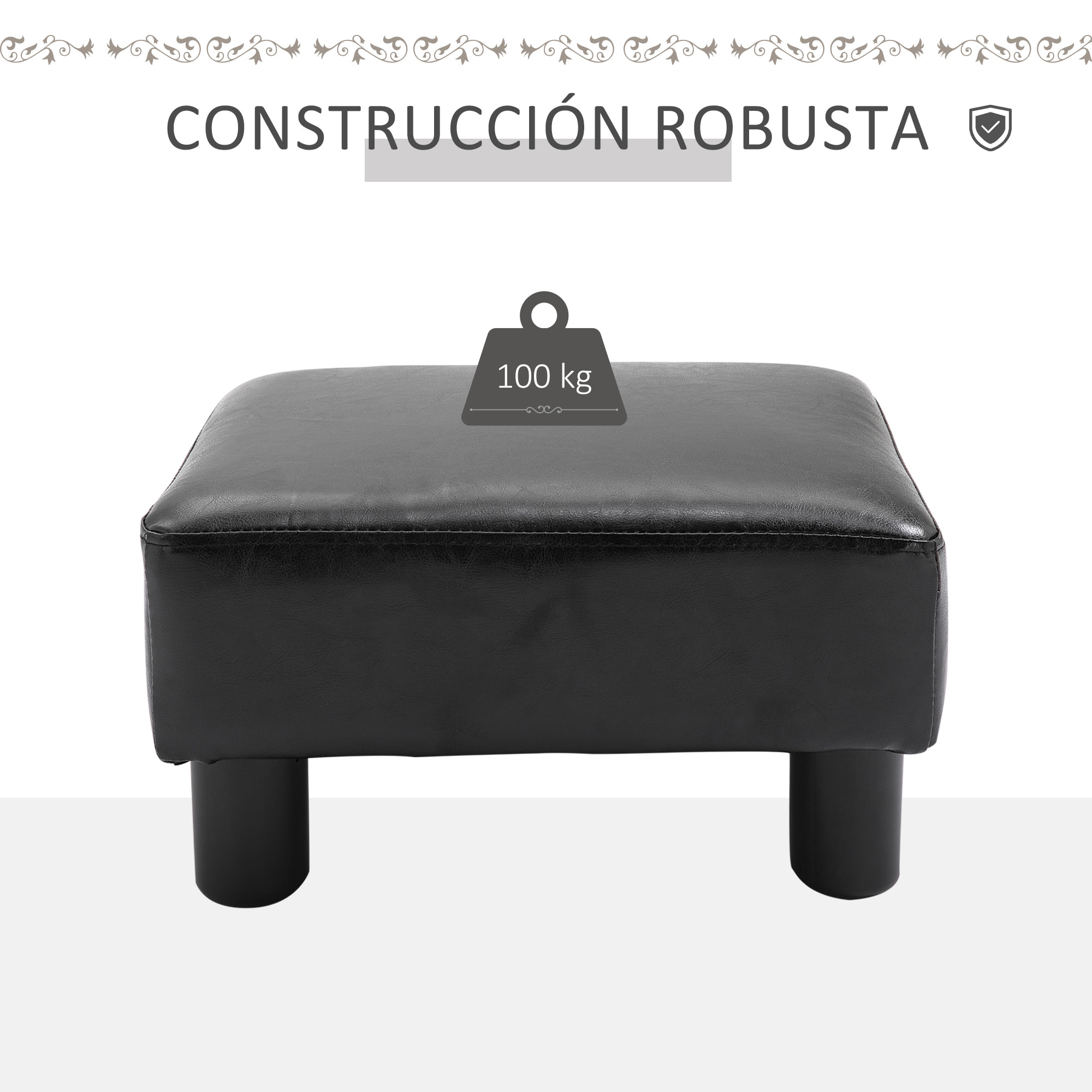 Reposapiés de Salón Taburete Bajo Tapizado en Cuero Sintético Otomana Rectangular con Estructura de Plástico para Sala de Estar Dormitorio Negro