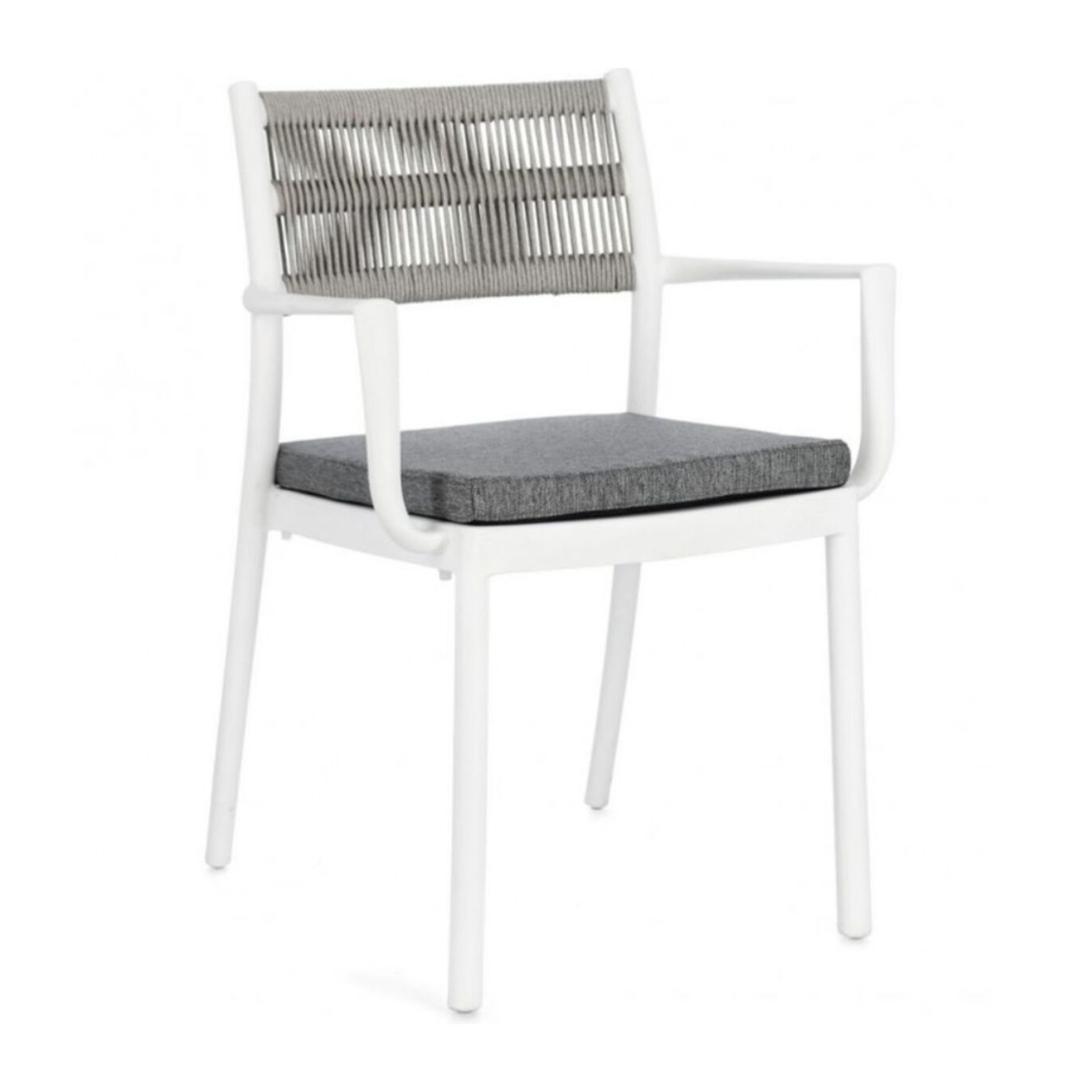 Set di 4 sedie ALVIN in polipropilene bianco e corda intrecciata grigio chiaro, con braccioli