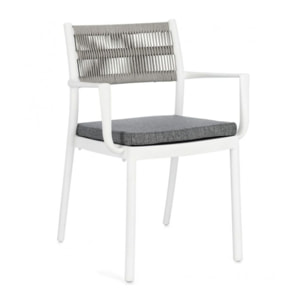 Set di 4 sedie ALVIN in polipropilene bianco e corda intrecciata grigio chiaro, con braccioli