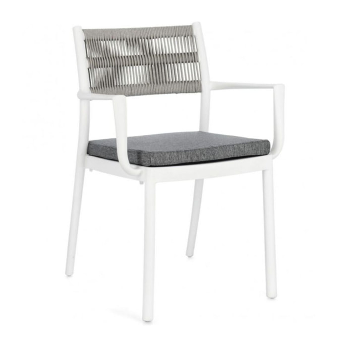Set di 4 sedie ALVIN in polipropilene bianco e corda intrecciata grigio chiaro, con braccioli