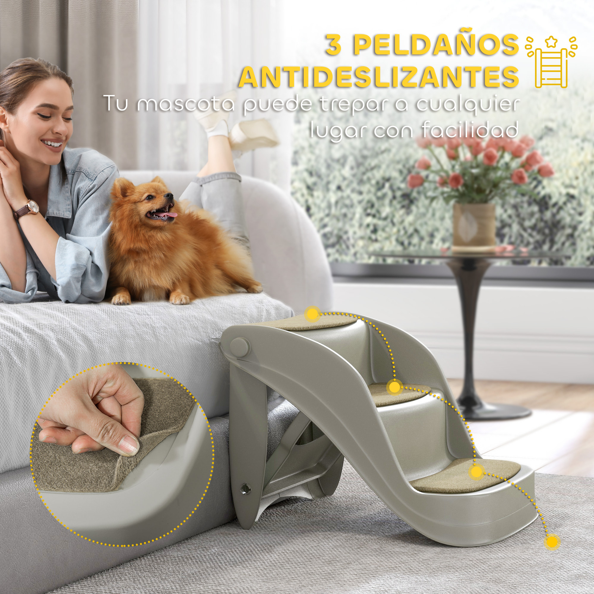 Escalera para Perros Pequeños Plegable de 3 Peldaños, Escalones para Mascotas con Alfombras Antideslizantes, Rampa para Perros para Cama, Sofá, Gris
