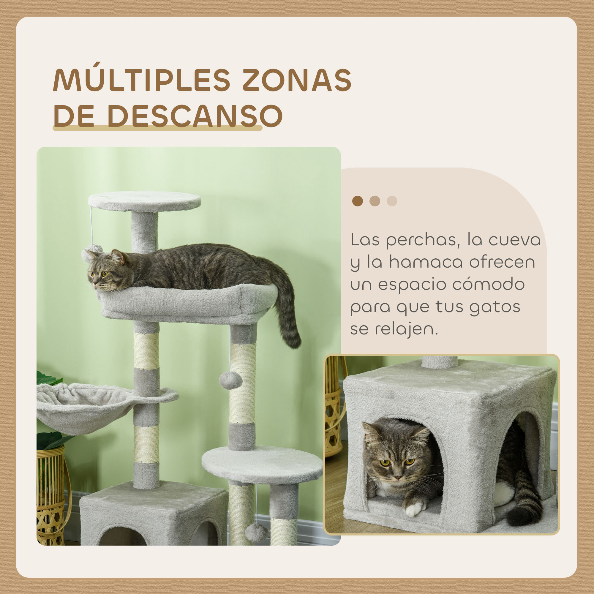 Rascador para Gatos Altura 104 cm Árbol para Gatos Torre de Escalada con Postes Rascadores de Sisal Cueva Plataformas y Bolas Colgantes Gris Claro