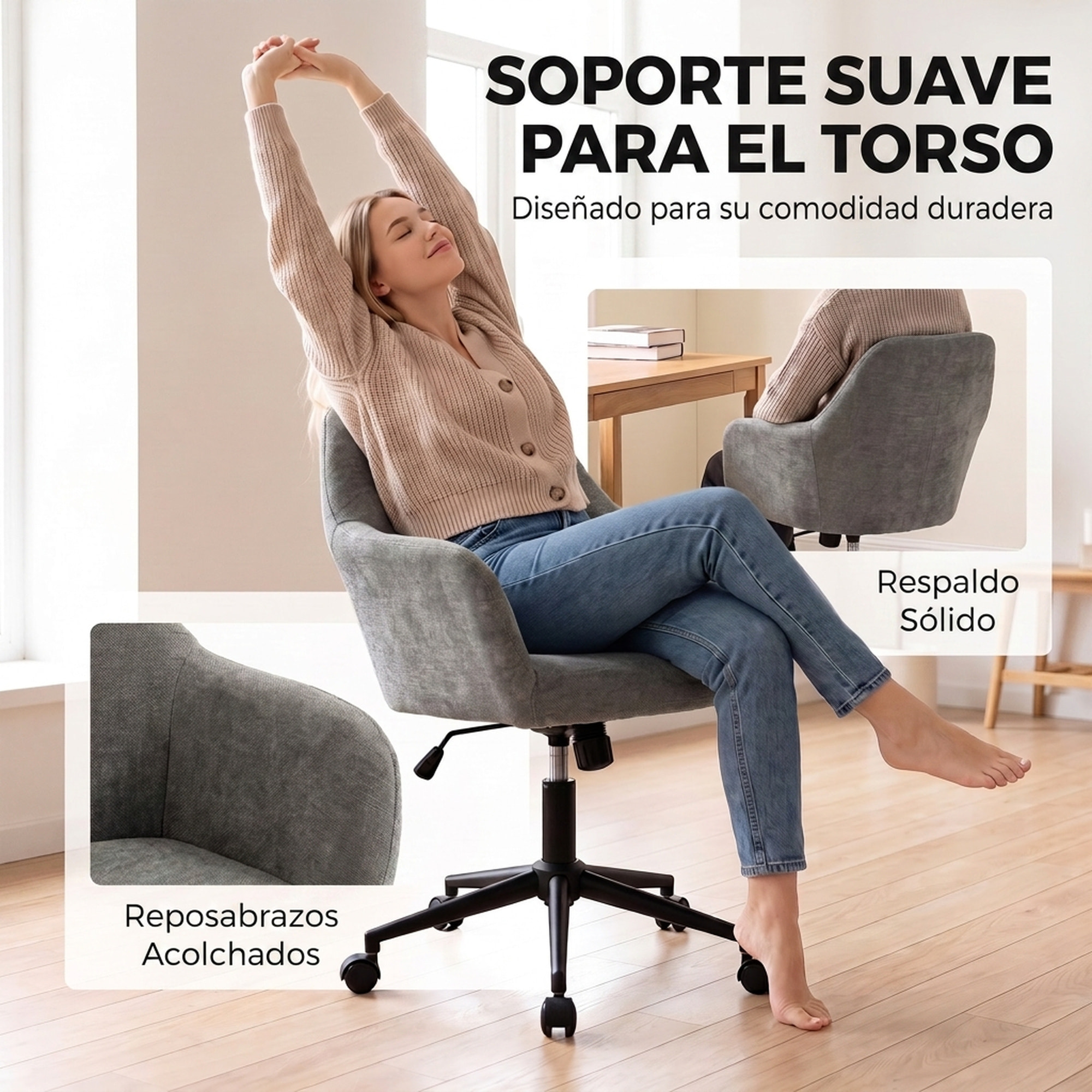 HOMCOM Silla de Oficina con Ruedas, Silla de Escritorio de Chenilla con Función Basculante, Acolchado Grueso, Altura Ajustable, Reposabrazos, para Casa, Oficina, Gris
