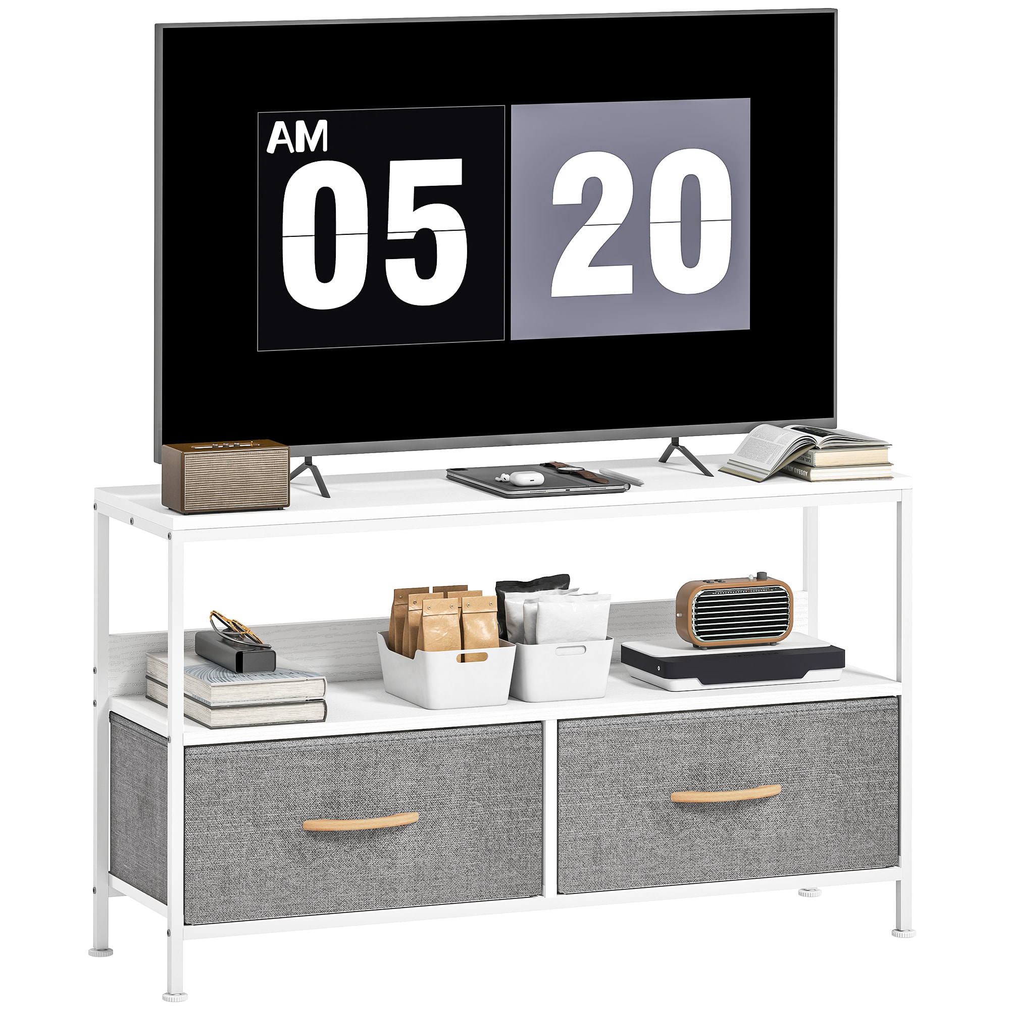 Mueble de TV, Mesa de TV con Estante y 2 Cajones de Tela Plegables, para Televisores hasta 47 Pulgadas, Largo de 98 cm, para Salón, Dormitorio, Blanco y Gris