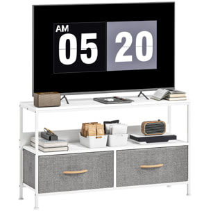 Mueble de TV, Mesa de TV con Estante y 2 Cajones de Tela Plegables, para Televisores hasta 47 Pulgadas, Largo de 98 cm, para Salón, Dormitorio, Blanco y Gris