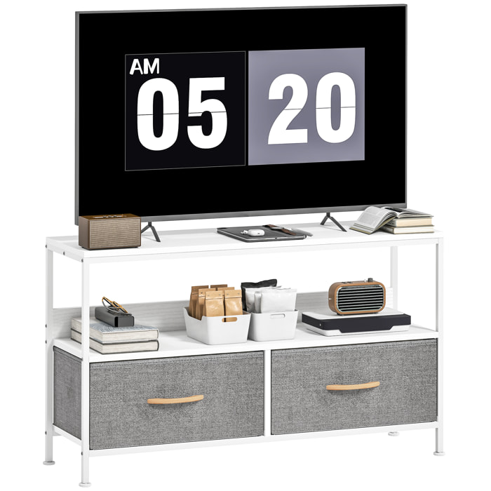 Mueble de TV, Mesa de TV con Estante y 2 Cajones de Tela Plegables, para Televisores hasta 47 Pulgadas, Largo de 98 cm, para Salón, Dormitorio, Blanco y Gris