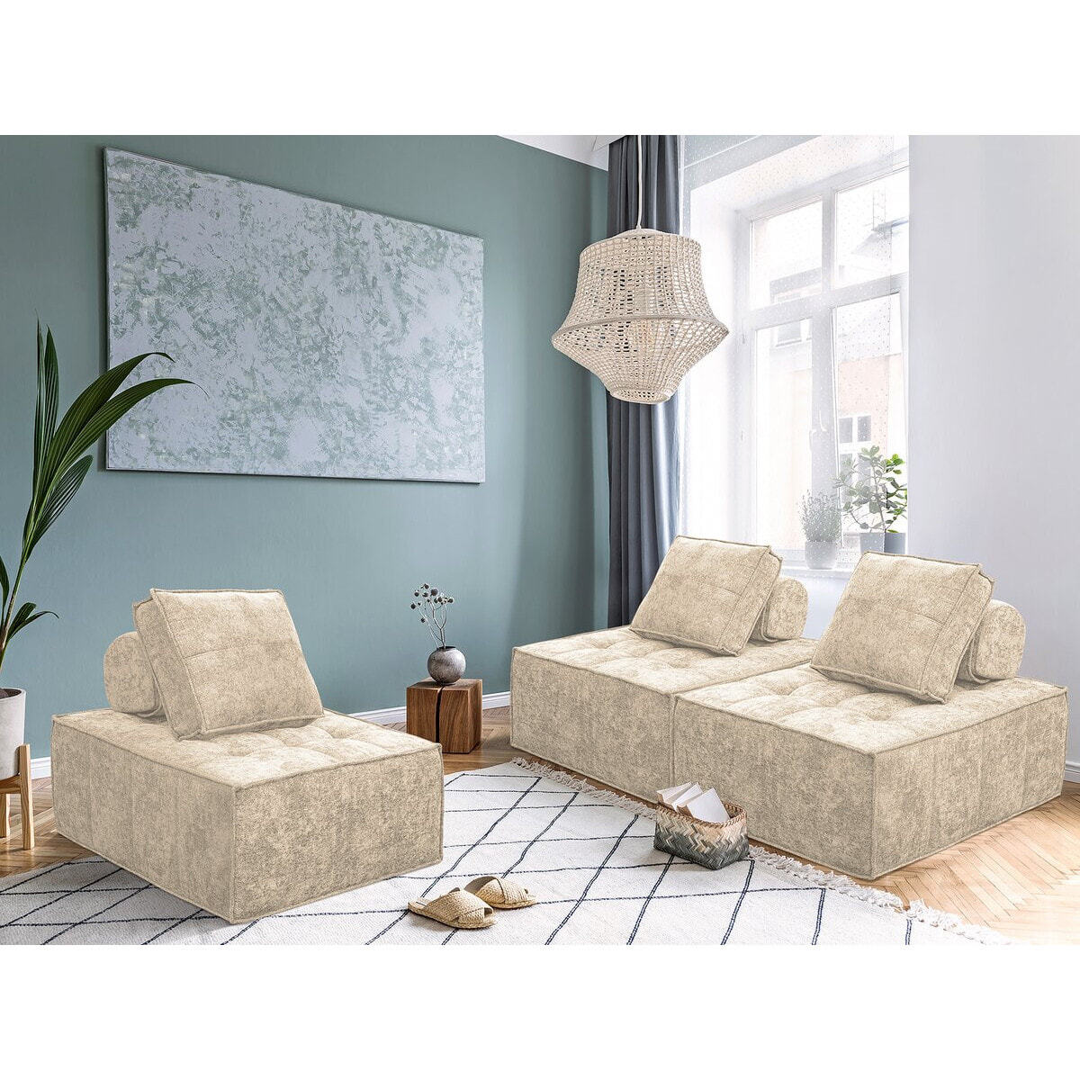 Lot de 2 chauffeuses pour canapé modulables en tissu texturé "Velluto" - Beige