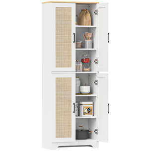 Alacena de Cocina Aparador de Cocina Mueble Auxiliar de Cocina con Estantes Ajustables Puertas de Ratán y Sistema Anti-vuelco 60x30x170 cm Blanco