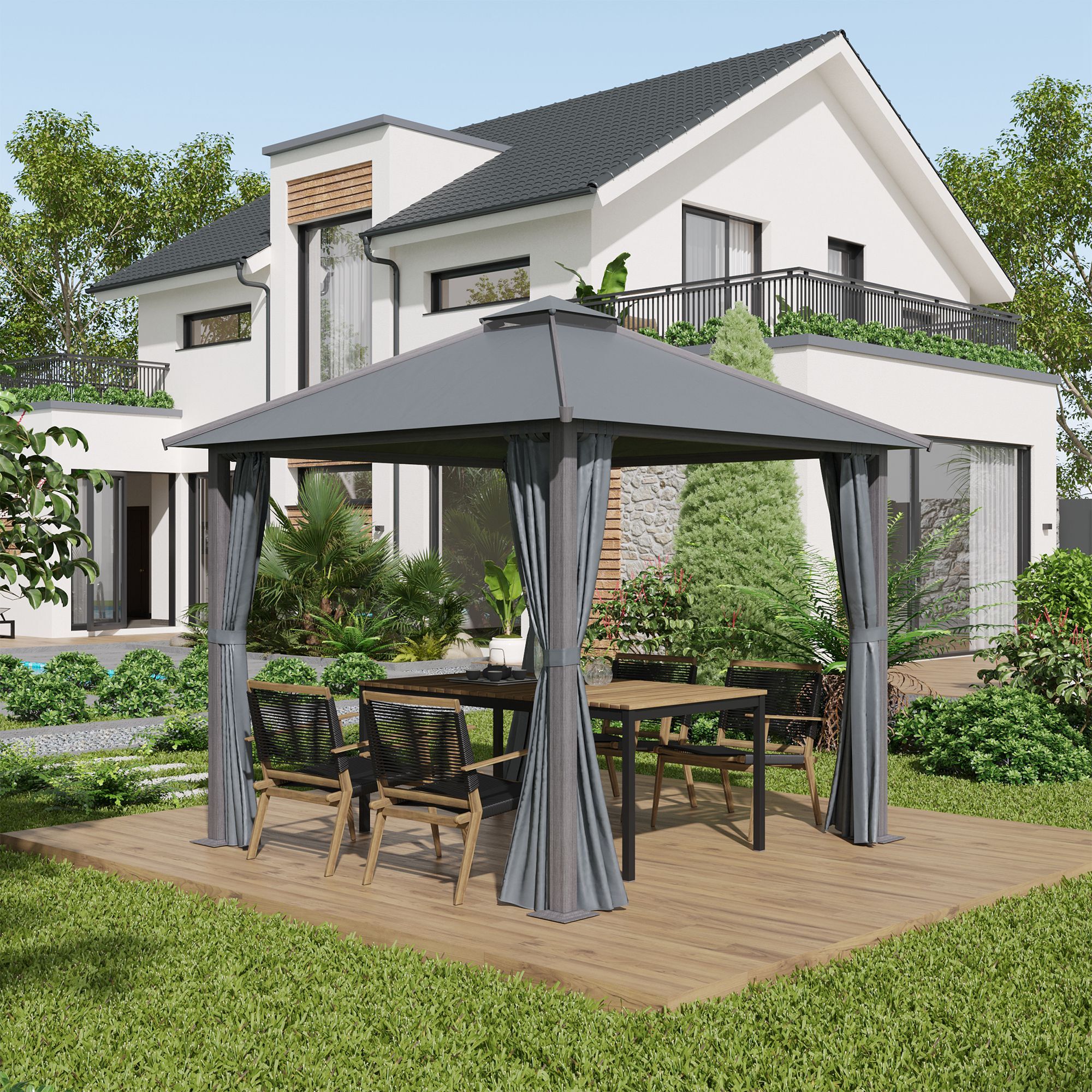 Pavillon de jardin style contemporain - barnum avec rideaux - dim. 2,96L x 2,96l x 2,8H m - alu. polyester gris