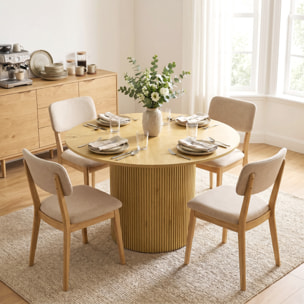 Mesa de Comedor Redonda, Mesa de Cocina para 4-6 Personas con Base Cilíndrica Acanalada, Marco Metálico, para Sala de Estar, Carga 100 kg, Ø110x75 cm, Roble