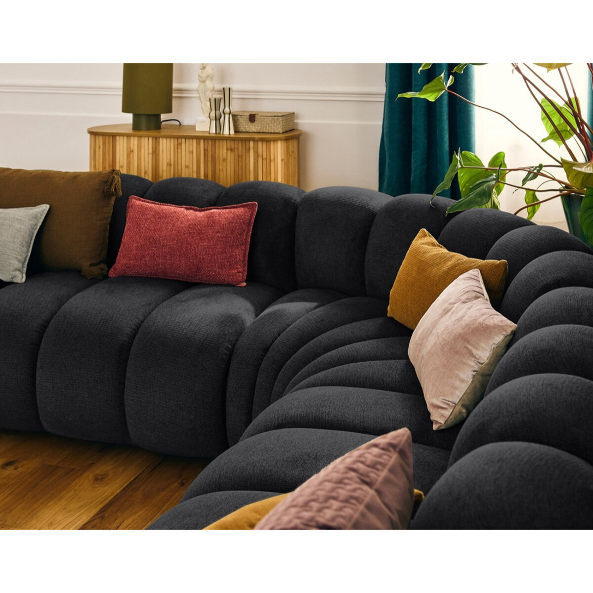 Debbie - canapé modulable d'angle gauche 5 places en tissu texturé - Noir