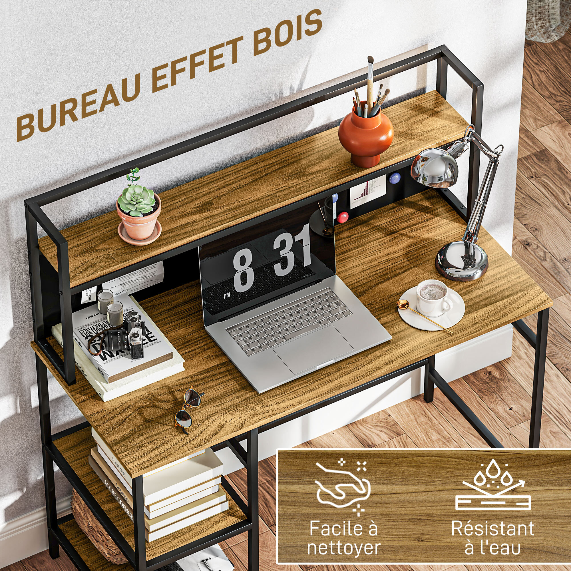 Bureau informatique design industriel 4 étagères grand plateau et panneau noir métal aspect bois