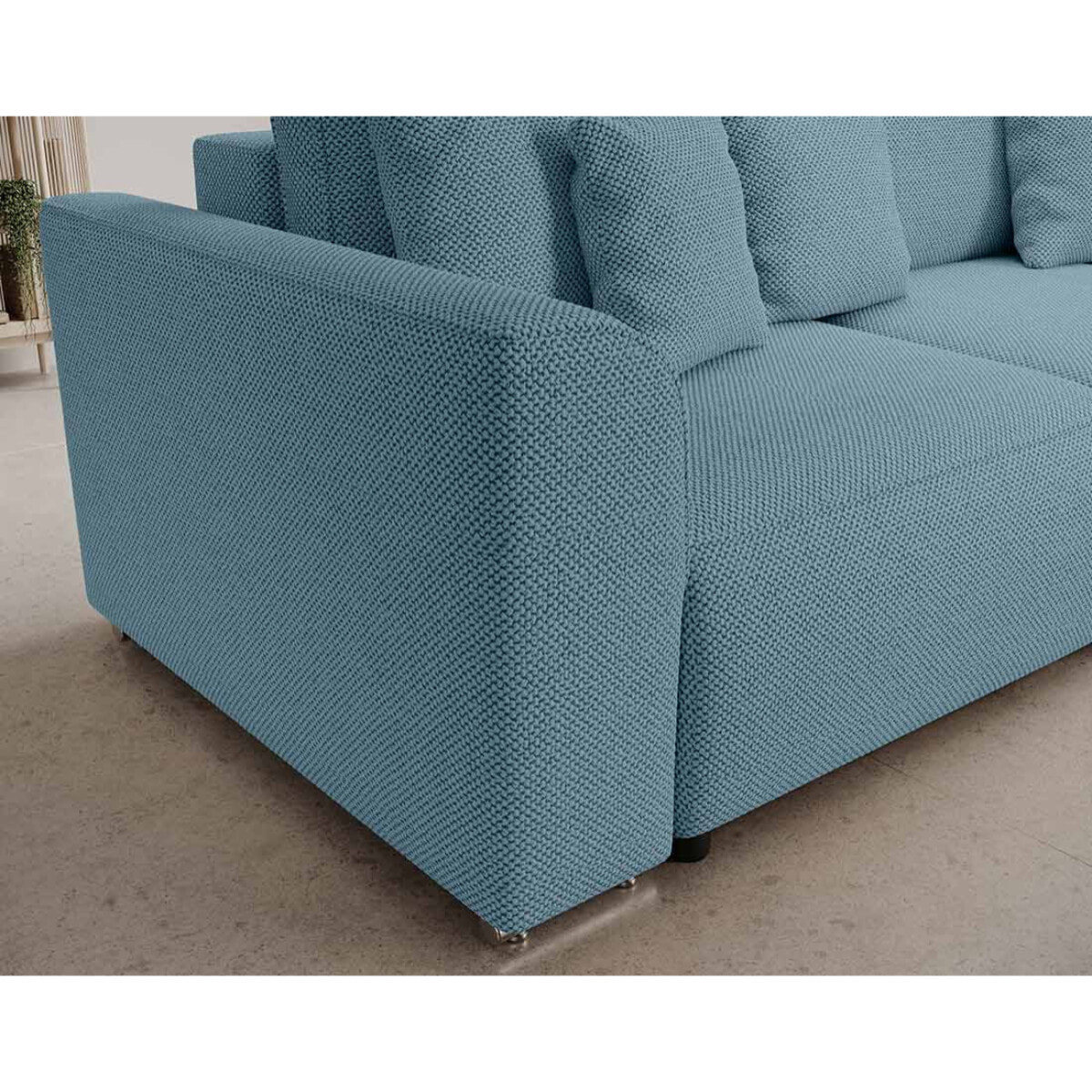 Gabriel - Canapé panoramique en U 7 places convertible avec coffre en tissu texturé - Bleu