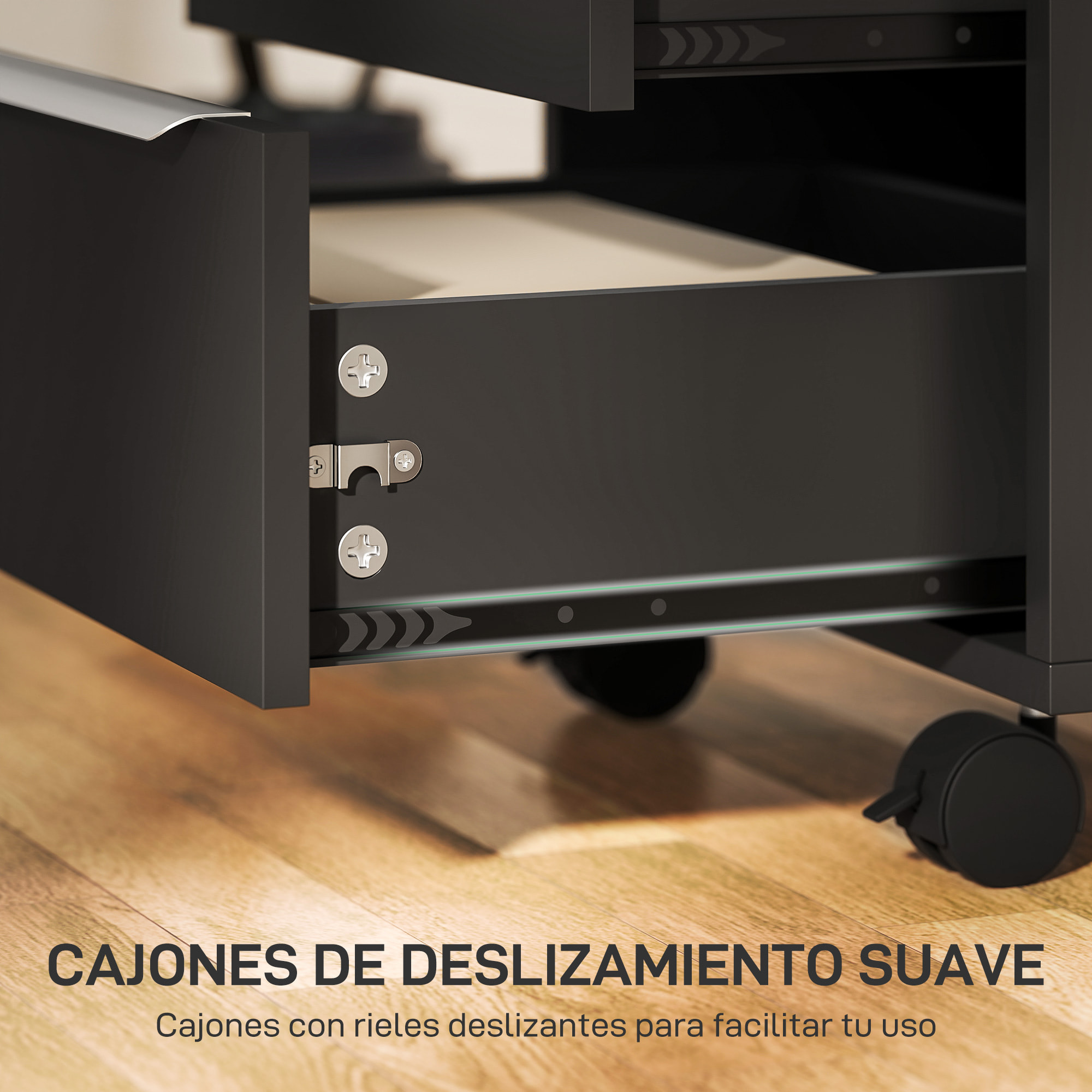 Cajonera de Escritorio con 3 Cajones, Cajonera de Oficina con Ruedas, Cerradura y 2 Llaves, Archivador Móvil para Estudio, Salón, 40x40x63,5 cm, Negro
