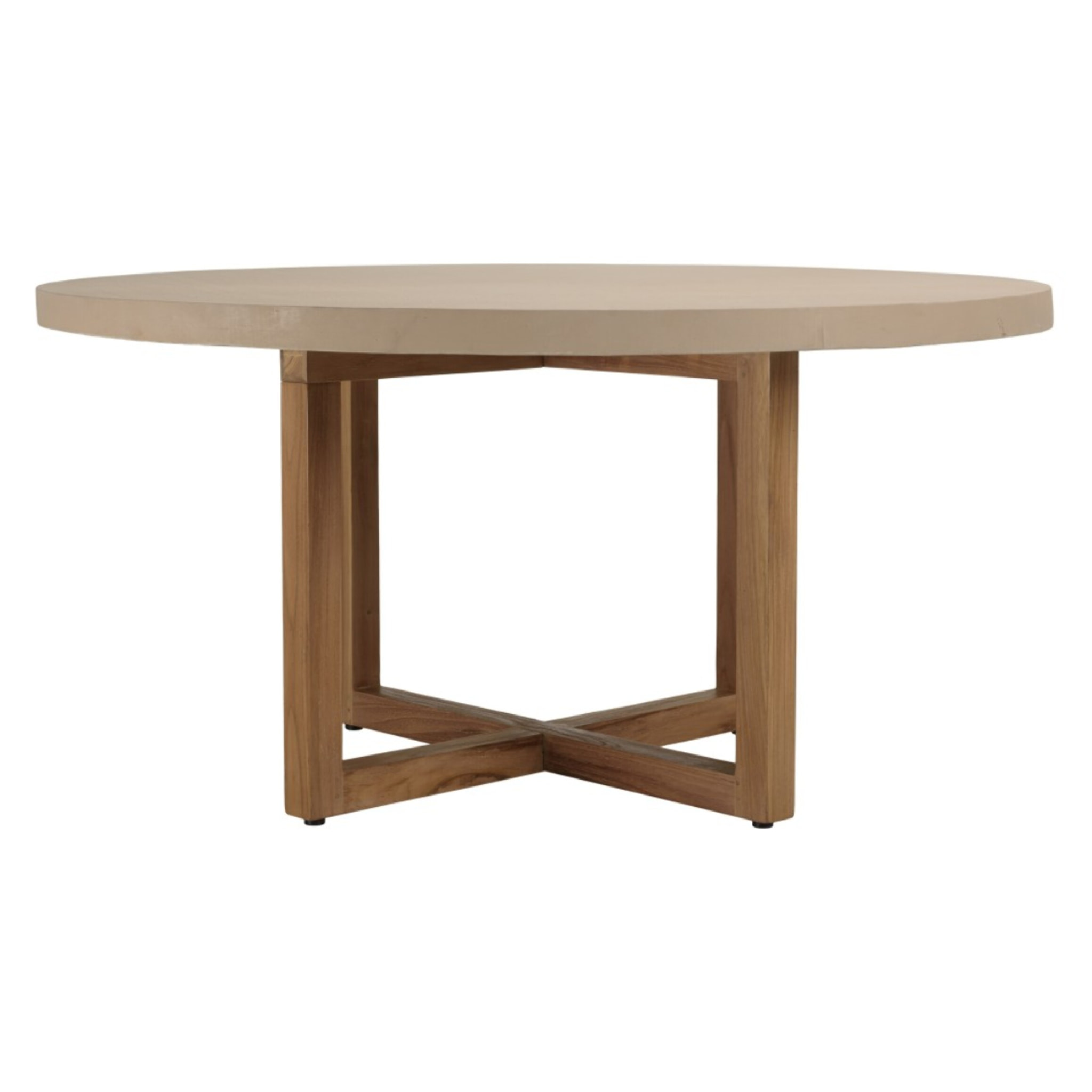 DAK - Table à manger ronde 153x153cm béton beige pieds croisés en teck