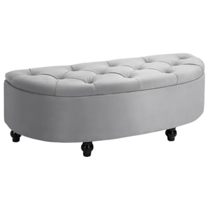 Pouf de rangement coffre 2 en 1 - pouf design classique chic capitonné demi-cercle - pieds bois hévéa noir revêtement velours gris