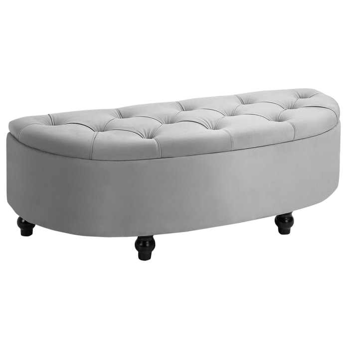 Pouf de rangement coffre 2 en 1 - pouf design classique chic capitonné demi-cercle - pieds bois hévéa noir revêtement velours gris