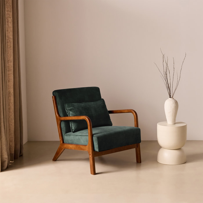 Fauteuil scandinave bois d'hévéa teinté noyer clair et velours LORENS