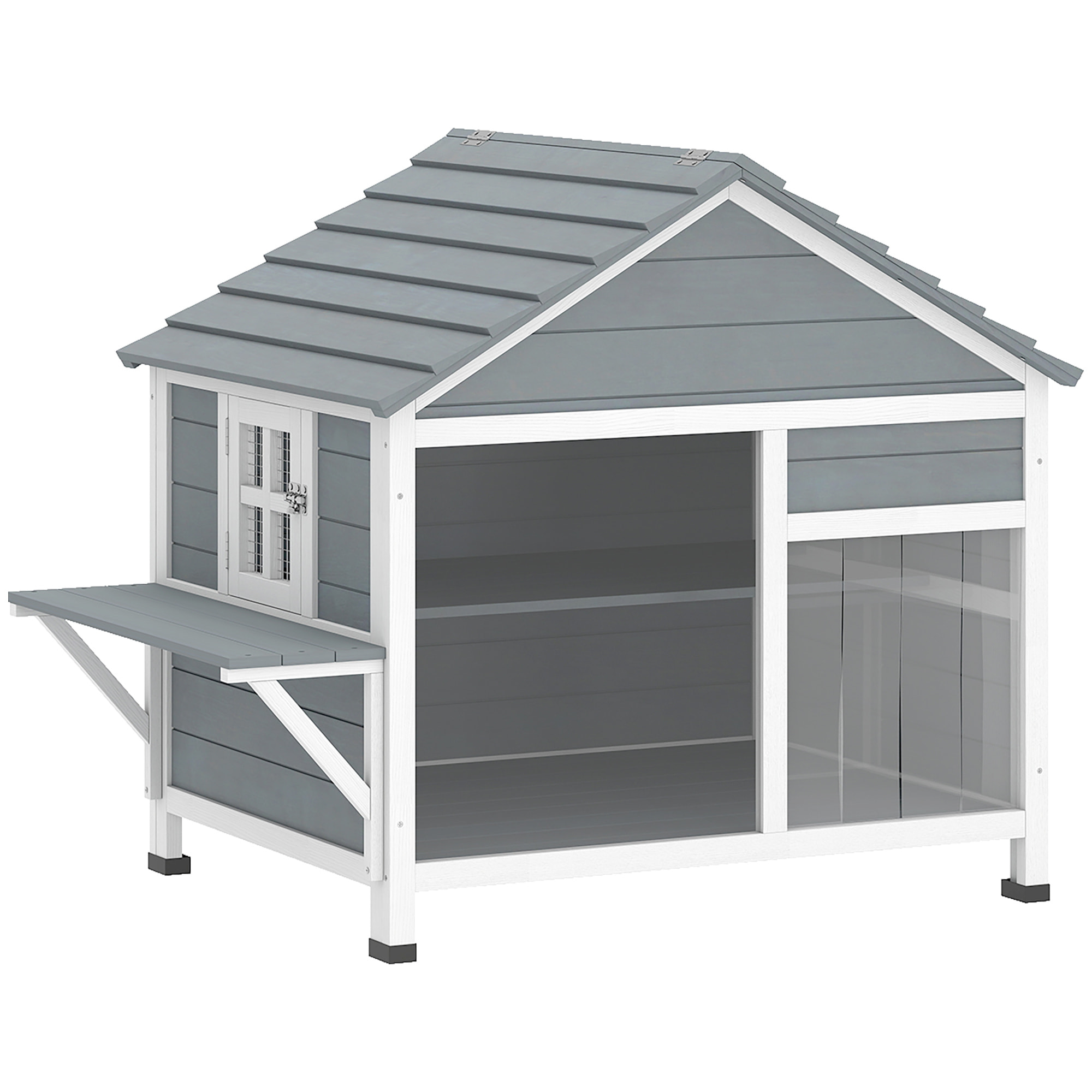 Niche maison pour chat bois - fenêtre verrouillable, étagères, portes, toit ouvrant - blanc gris