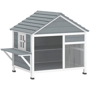 Niche maison pour chat bois - fenêtre verrouillable, étagères, portes, toit ouvrant - blanc gris