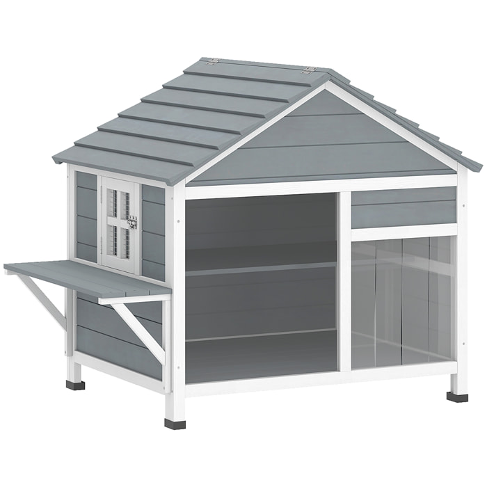 Niche maison pour chat bois - fenêtre verrouillable, étagères, portes, toit ouvrant - blanc gris