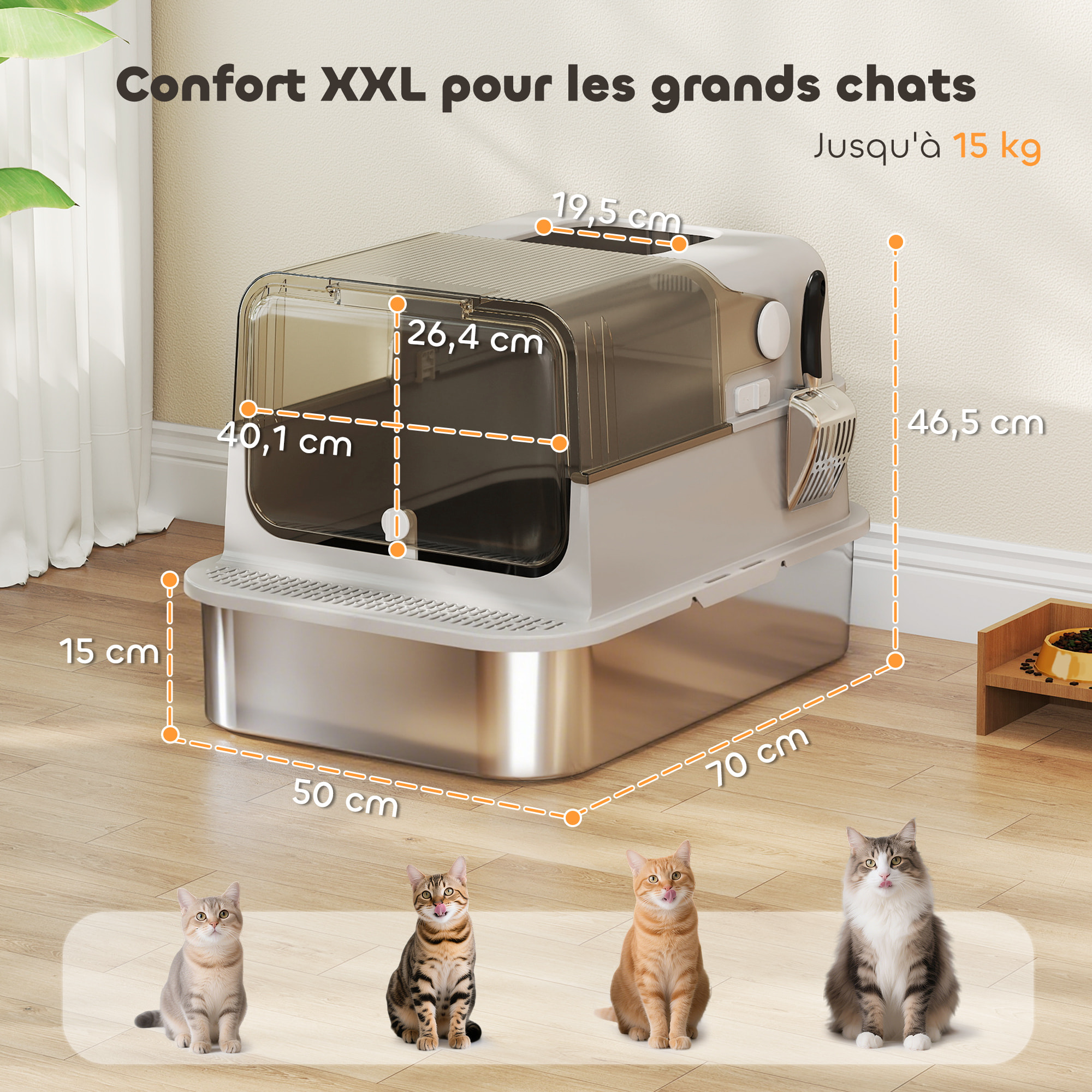 Maison de toilette XL pour chat bac acier inox porte grande ouverture verrouillable pelle