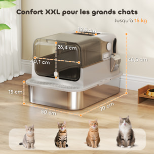 Maison de toilette XL pour chat bac acier inox porte grande ouverture verrouillable pelle