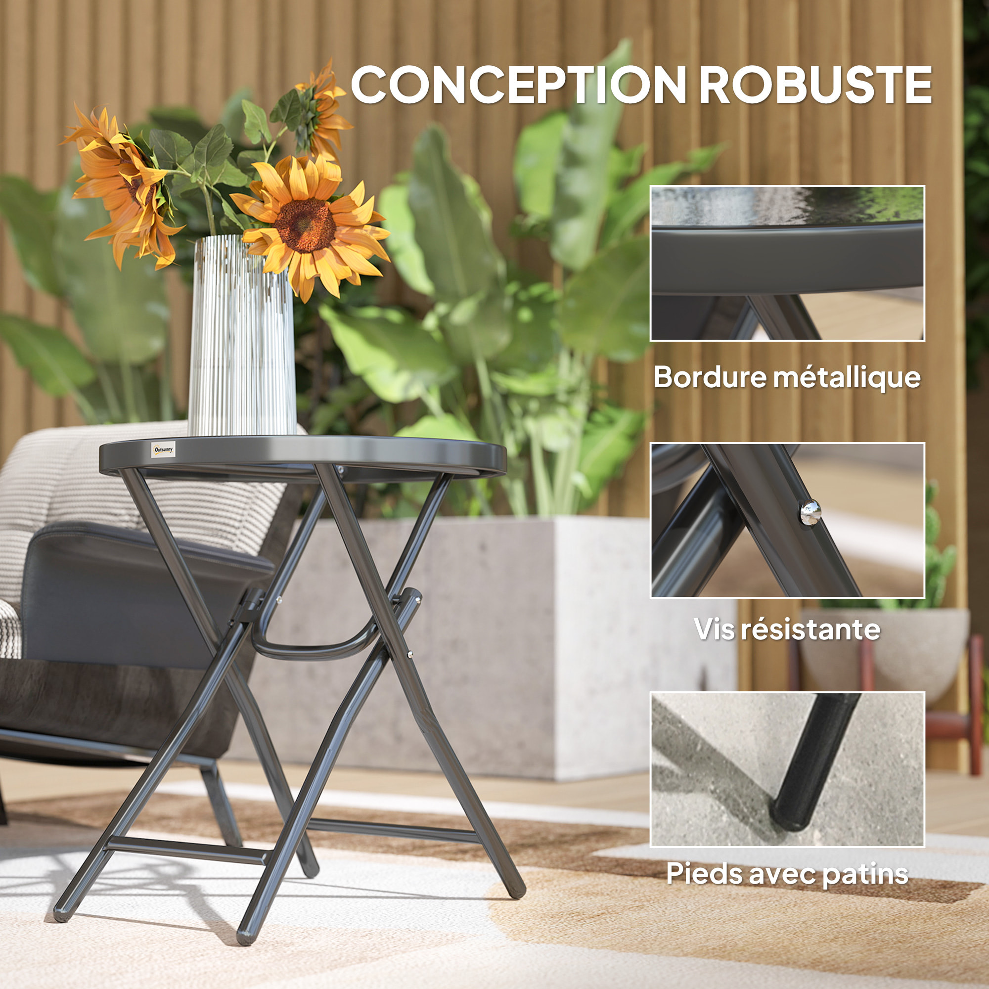 Table basse carrée bistro de jardin dia. 60 x 50 cm pliable métal époxy noir plateau verre trempé