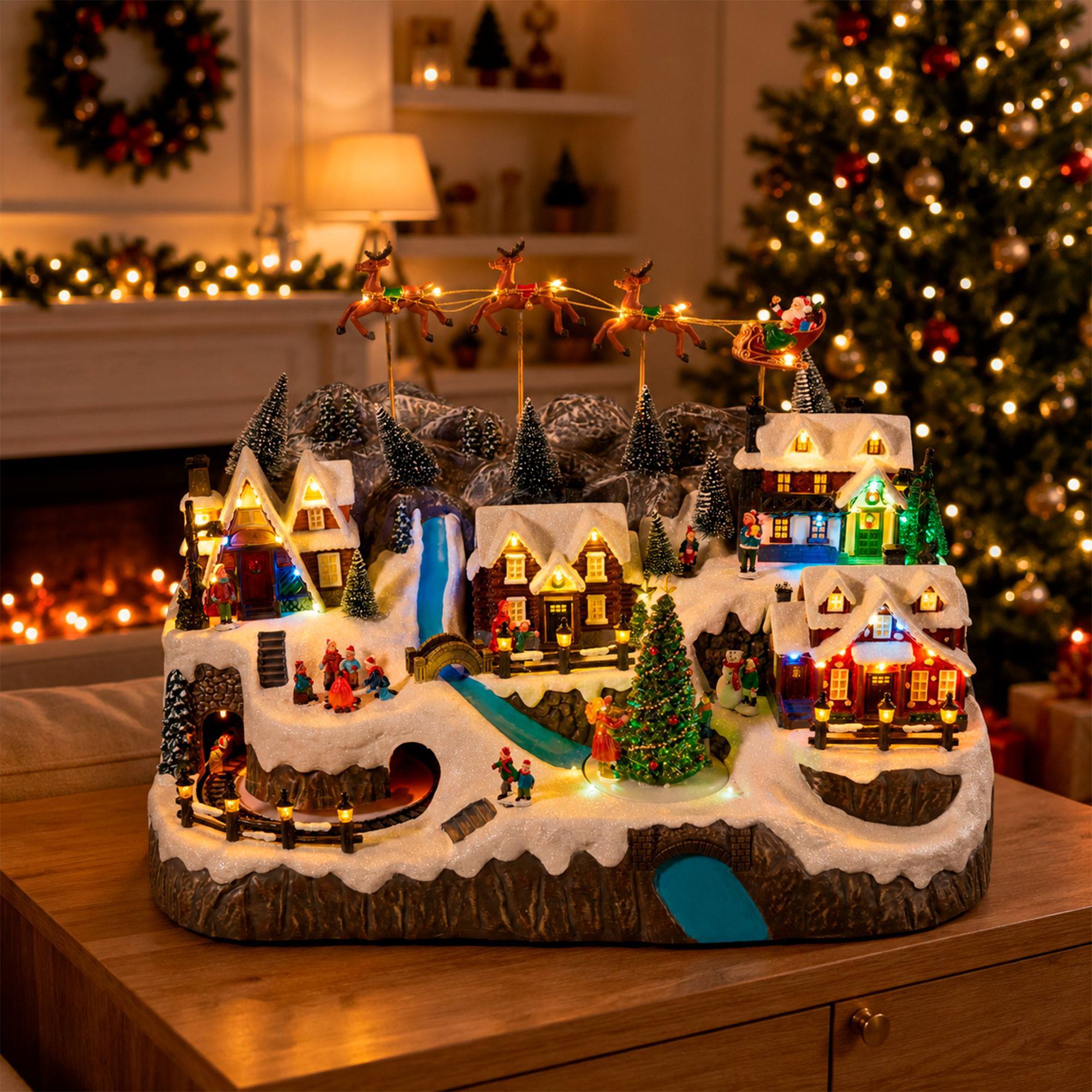 Pueblo navideño con trineo de papá noel con luces led, movimiento y música, usb o pilas 59,5x35,5x38,5 cm