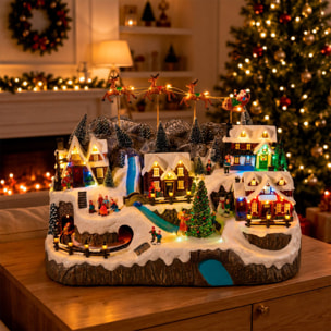 Pueblo navideño con trineo de papá noel con luces led, movimiento y música, usb o pilas 59,5x35,5x38,5 cm