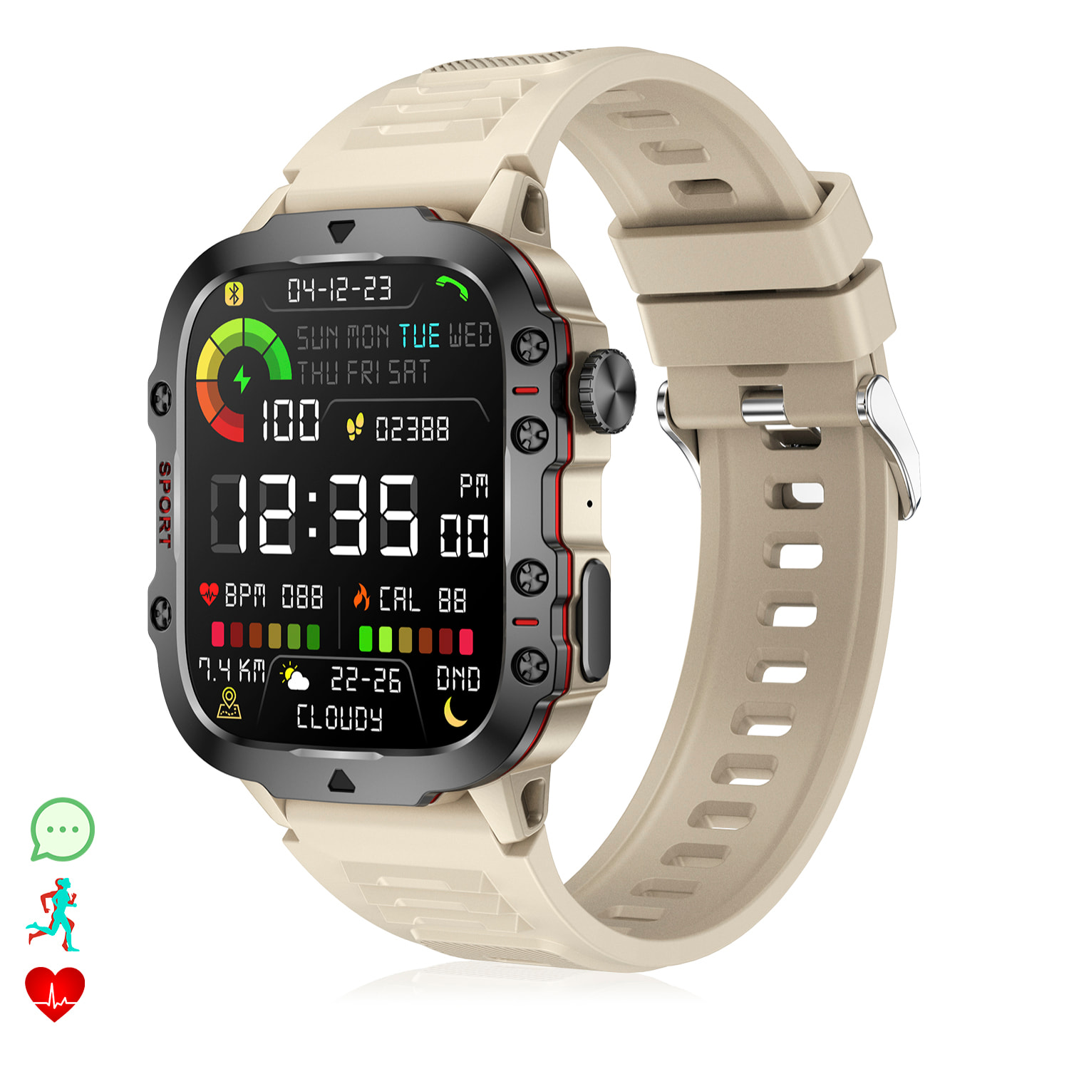 DAM Smartwatch QX11 outdoor. Llamadas Bluetooth, notificaciones push, más de 100 modos deportivos. Monitor cardiaco y O2. 5x1,2x4,3 Cm. Color: Beige
