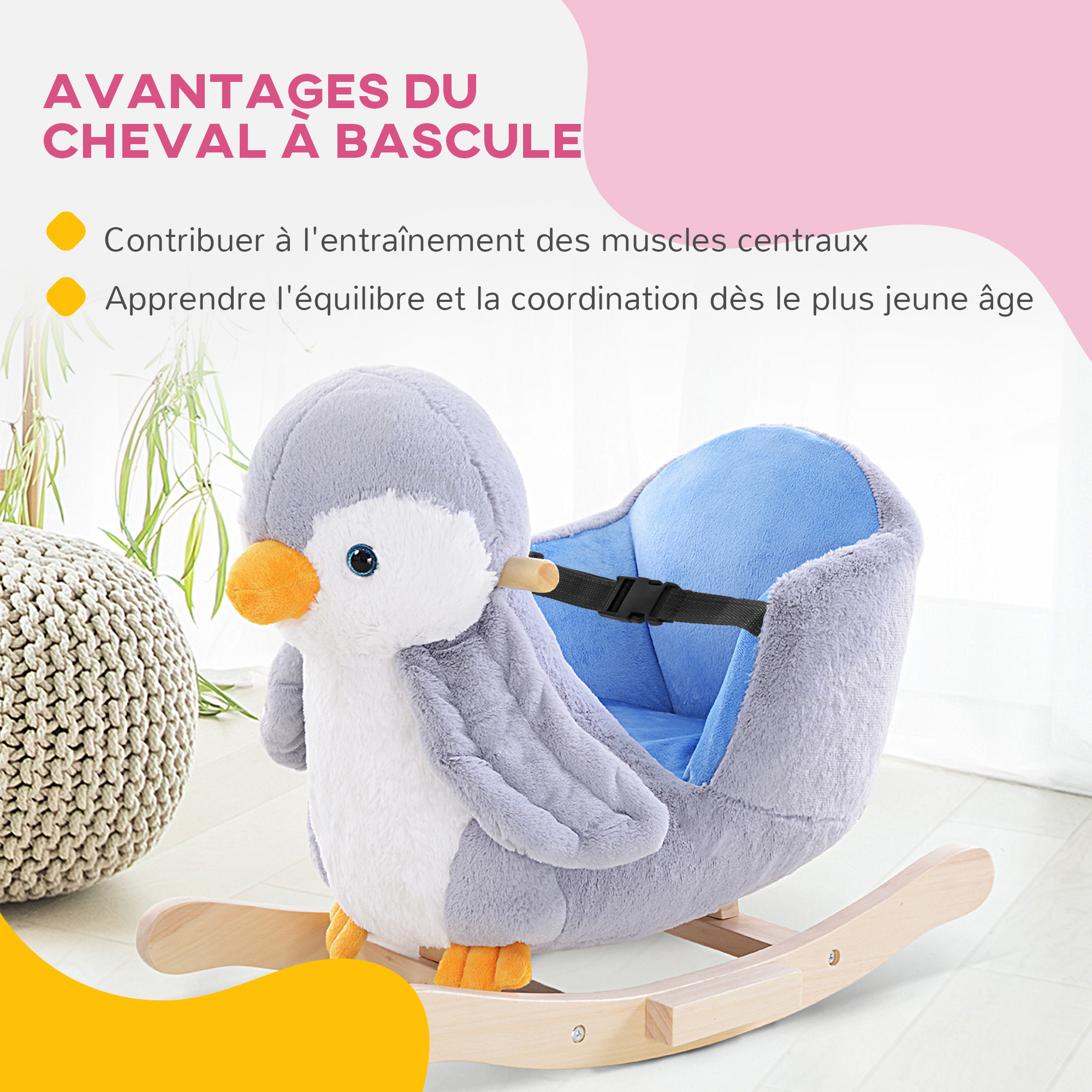 Jouet à bascule pingouin pour enfant +18 mois effet sonore poignées siège ceinture réglable gris