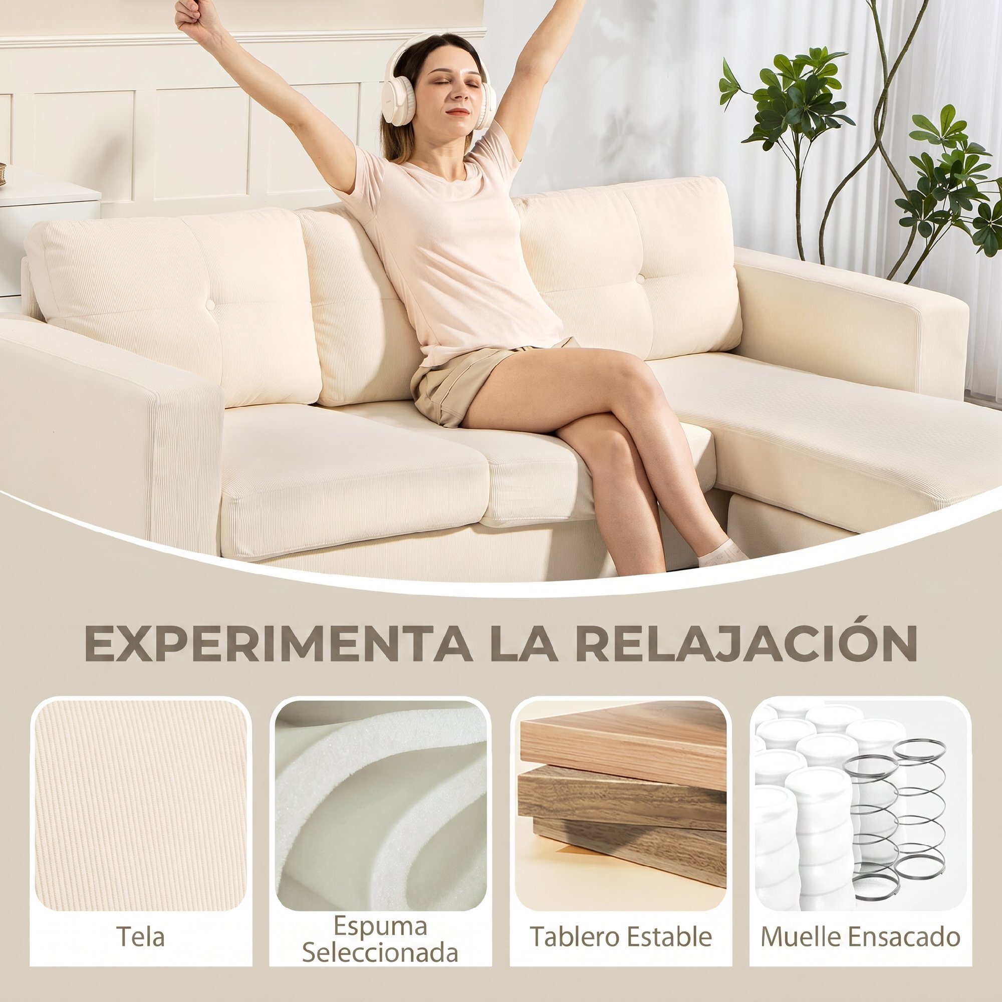 Sofá Chaise Longue Reversible, Sofá Esquinero en Forma de L de 3 Plazas, Tapizado en Pana, Marco de Acero, para Espacios Reducidos, Salón, 192x137x84 cm, Crema