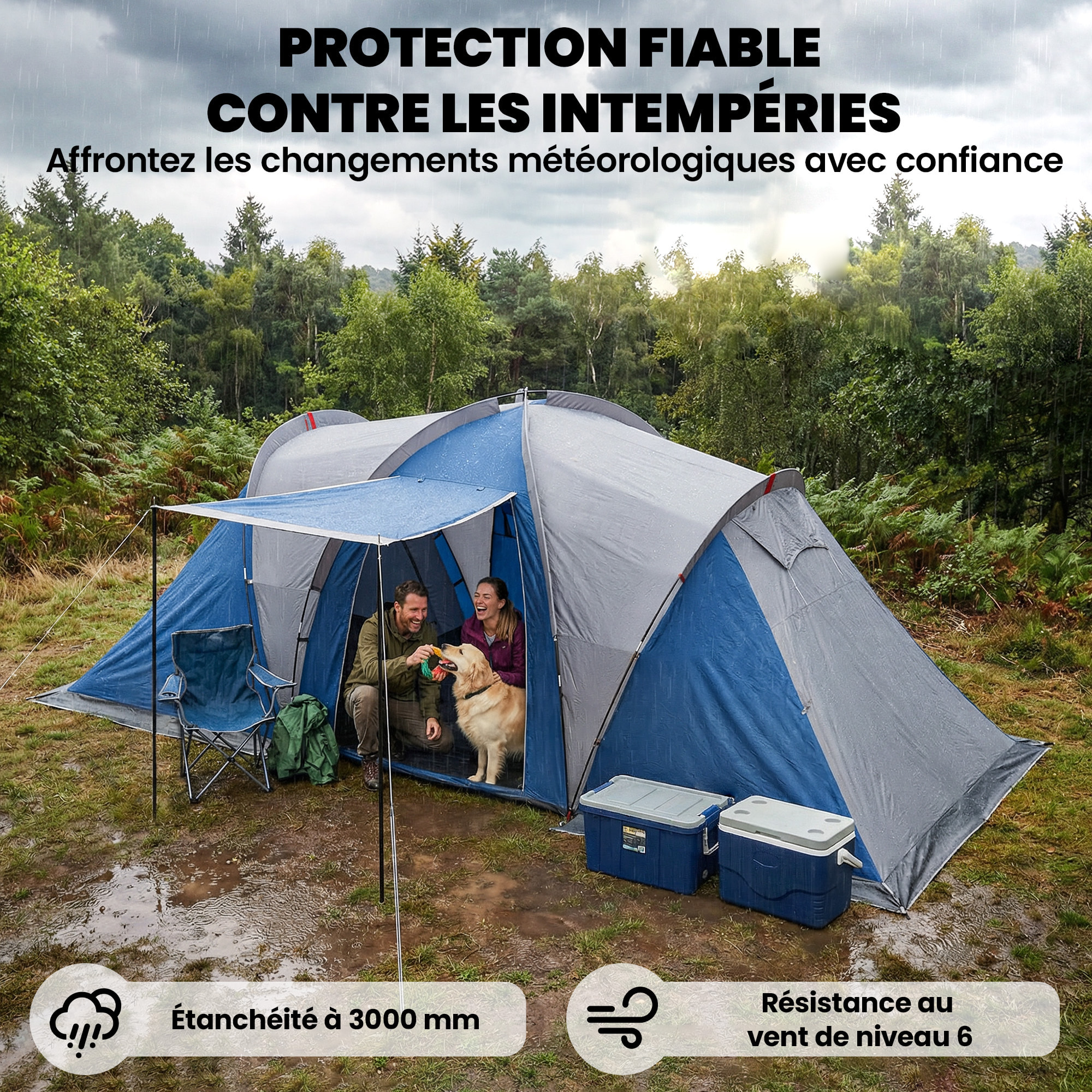Tente de camping tunnel familiale 4-5 pers. imperméable 3000mm - 550x220x190cm - bleu