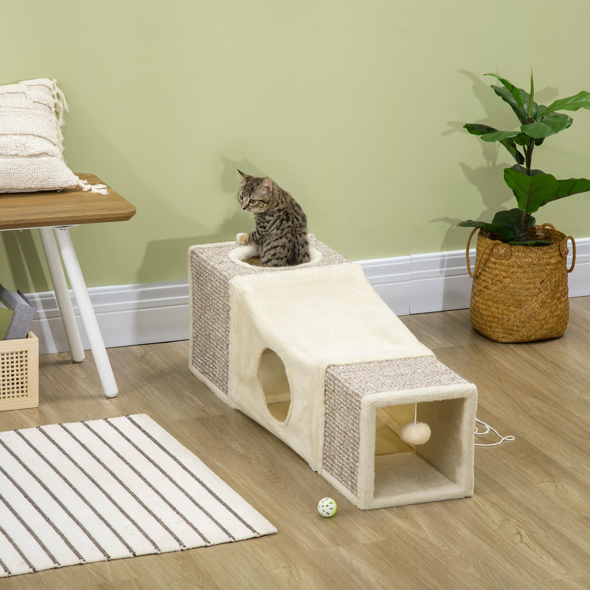 PawHut Túnel para Gatos de Interior Tubo de Juguete para Gatos Plegable con Múltiples Entradas Casetas de Sisal y Bola Colgante 98x30x30 cm Crema